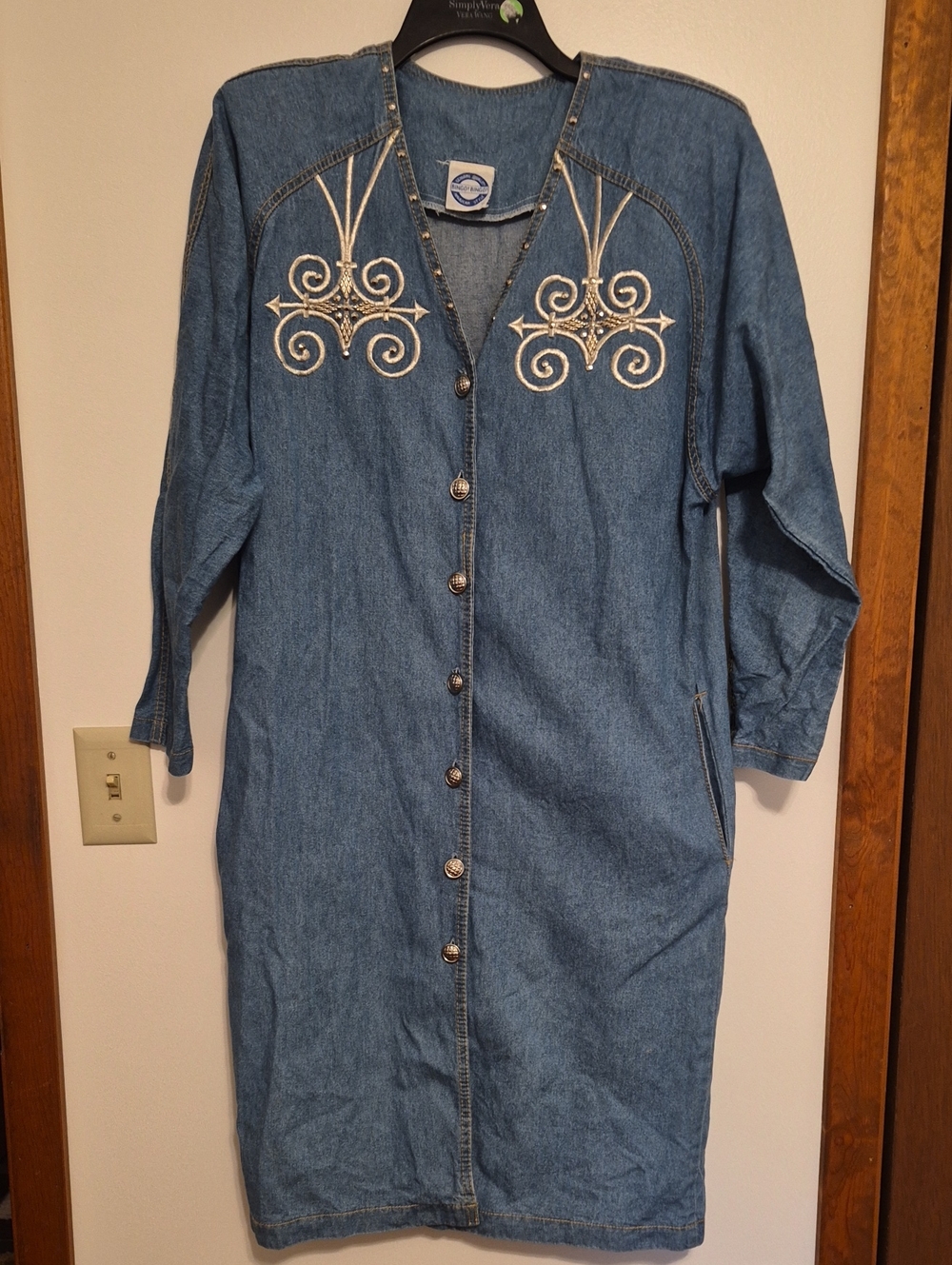 Vintage Bingo Bingo Denim Button-Front Dress with Embroidered Detail Blue SZ 10